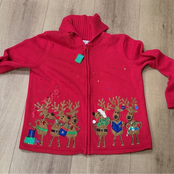 Vintage Tiara International Knit Sweater Womens Medium Red Christmas Reindeers - Picture 6 of 12